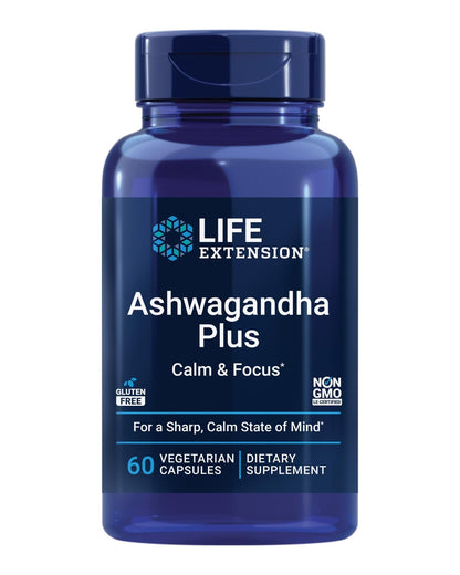Life Extension Ashwagandha Plus Calm & Focus, ashwagandha Extract, Spearmint Extract, Focus, Attention, Relaxation, Advanced Formula, 60 Vegetarian Capsules - Maple Wellness Supplements
