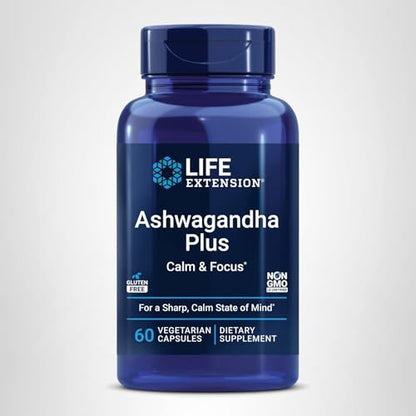 Life Extension Ashwagandha Plus Calm & Focus, ashwagandha Extract, Spearmint Extract, Focus, Attention, Relaxation, Advanced Formula, 60 Vegetarian Capsules - Maple Wellness Supplements