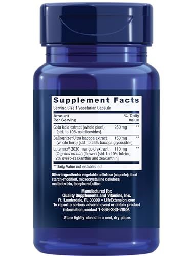 Life Extension Quick Brain Nootropic, Fast Thinking, Learning, Concentration, Lutein, zeaxanthin, gotu kola, bacopa, Gluten Free, Non-GMO, Vegetarian, 1 Daily, 30 Capsules - Maple Wellness Supplements