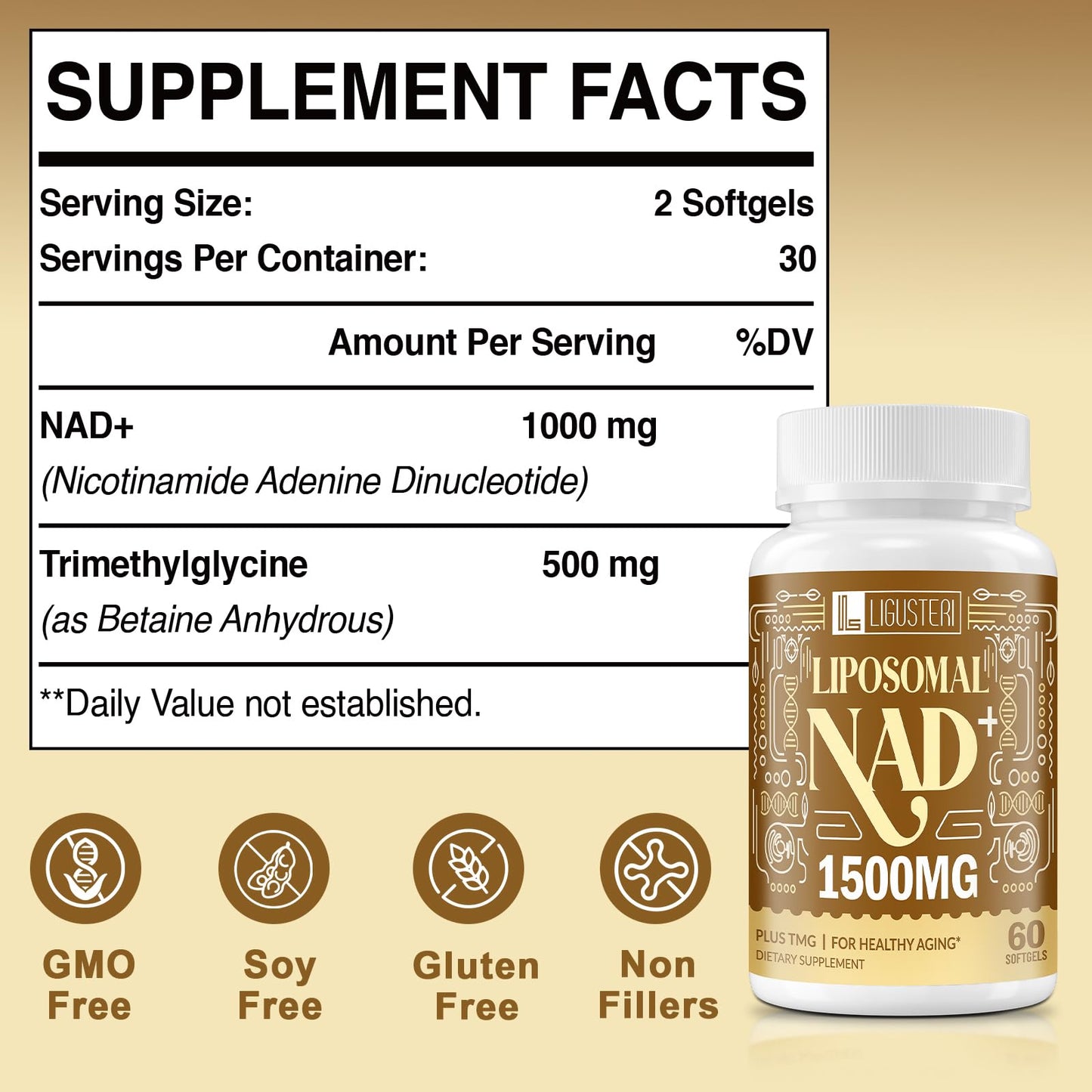 LIGUSTERI 1500 MG Liposomal NAD+, 98%+ Absorption, NAD+ Supplement for Women & Men with TMG, for Aging Defense, Cellular Energy, Heart & Brain Function, Longevity, 120 Softgels - Maple Wellness Supplements