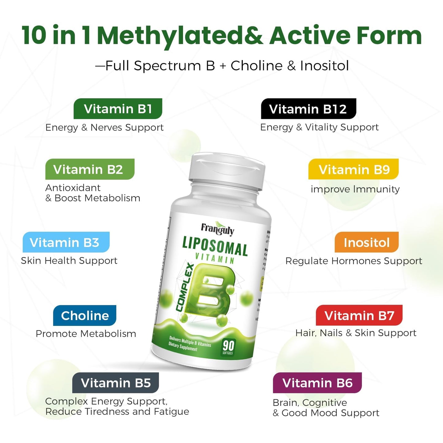 Liposomal B Complex for High Absorption Methylated B12,L-Methyfolate(5-MTHF ),Full Active B Vitamins with Choline Inositol-Energy, Metabolism,Brain & Heart Support - Maple Wellness Supplements