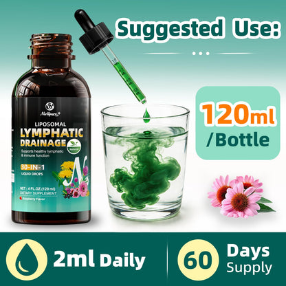 Liposomal Lymphatic Drainage Drops, 4 fl oz – 30-in-1 Lymphatic Drainage Supplements with 23 Herbs & 7 Vitamins – Supports Lymphatic System, Immune & Liver Health – Detox Support – 60-Day Supply - Maple Wellness Supplements