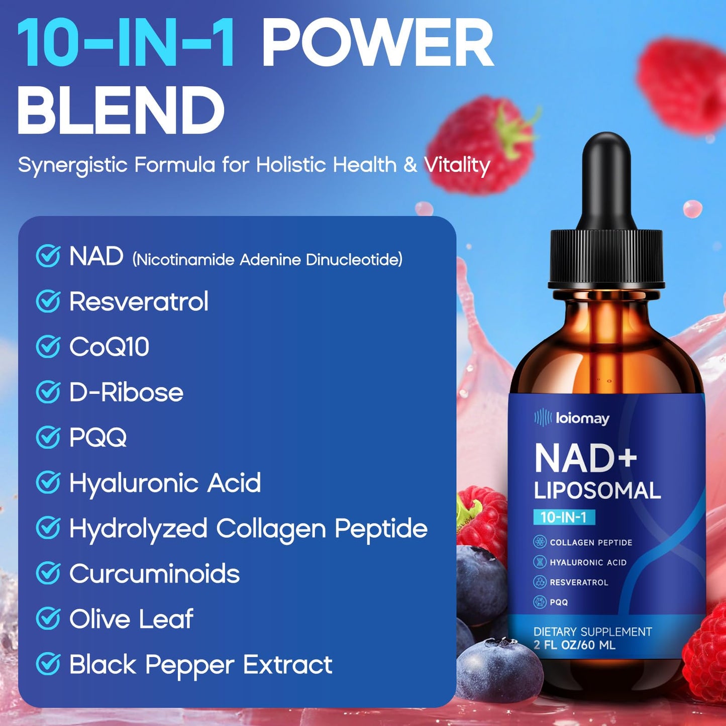 Liposomal NAD Liquid Supplement - 1500mg NAD+ Drops for Women & Men with Resveratrol & Nicotinamide Riboside, PQQ, Collagen & Turmeric for Anti-Aging & Longevity, Cellular Energy Health, 2 Fl Oz - Maple Wellness Supplements