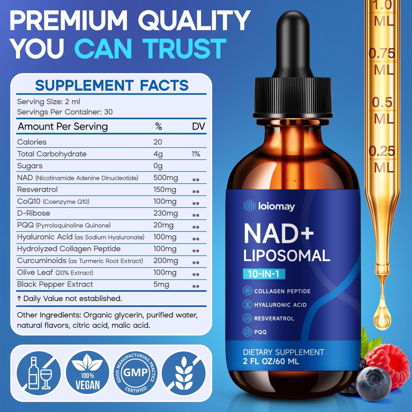 Liposomal NAD Liquid Supplement - 1500mg NAD+ Drops for Women & Men with Resveratrol & Nicotinamide Riboside, PQQ, Collagen & Turmeric for Anti-Aging & Longevity, Cellular Energy Health, 2 Fl Oz - Maple Wellness Supplements