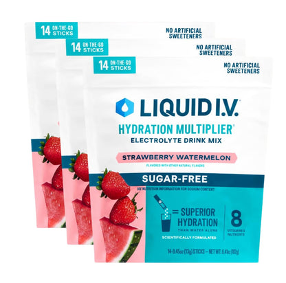 Liquid I.V.® Hydration Multiplier Sugar Free – Strawberry Watermelon | Electrolyte Powder Drink Mix | 3 Pack (42 Servings) - Maple Wellness Supplements