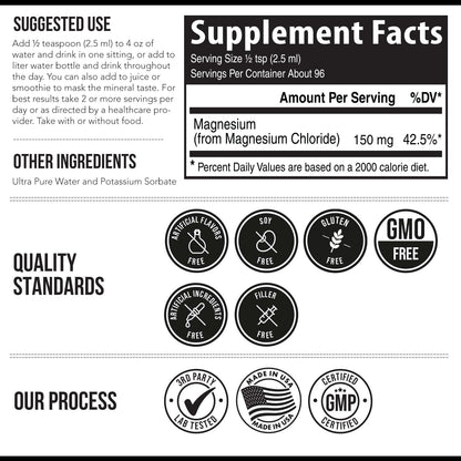 Liquid Magnesium | 8 oz - Ionic Magnesium Chloride, Highest & Fastest Absorption - Calm Mood, Sleep, Muscle Cramps & Spasms, Natural Laxative – Vegan, Glass Bottle (96 Servings) - Maple Wellness Supplements