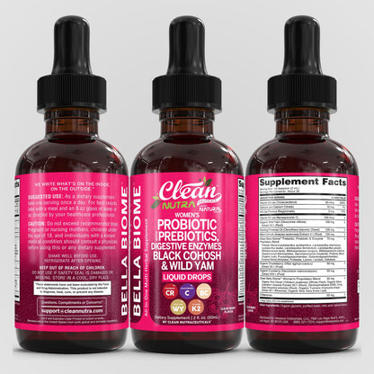 Liquid Probiotics for Women Drops with Chasteberry, Black Cohosh, Prebiotics, Digestive Enzymes, Evening Primrose Oil, Wild Yam, Cranberry Dmannose and Iron Vitamin D3 K2 Clean Nutra Bella Biotics - Maple Wellness Supplements