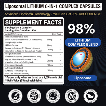 Lisopomal Lithium Orotate Complex Capsules, Lithium Orotate 20 mg, Magnesium Glycinate & Ashwagandha, Brain Health Supplements for Cognitive, Mood & Memory - Maple Wellness Supplements