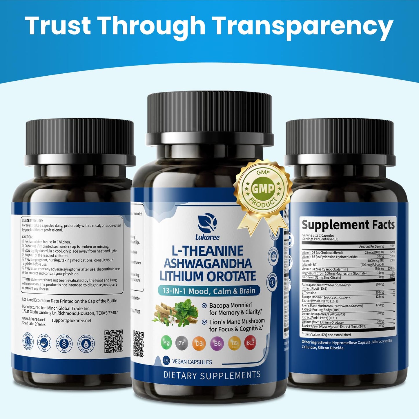 Lithium Orotate 5/10mg, L-Theanine 200mg, Ashwagandha 300mg - Mood Focus Memory Brain Supplements with Bacopa Monnieri, Lion’s Mane, Magnesium, Zinc D3 B6 Folate B12 - Maple Wellness Supplements