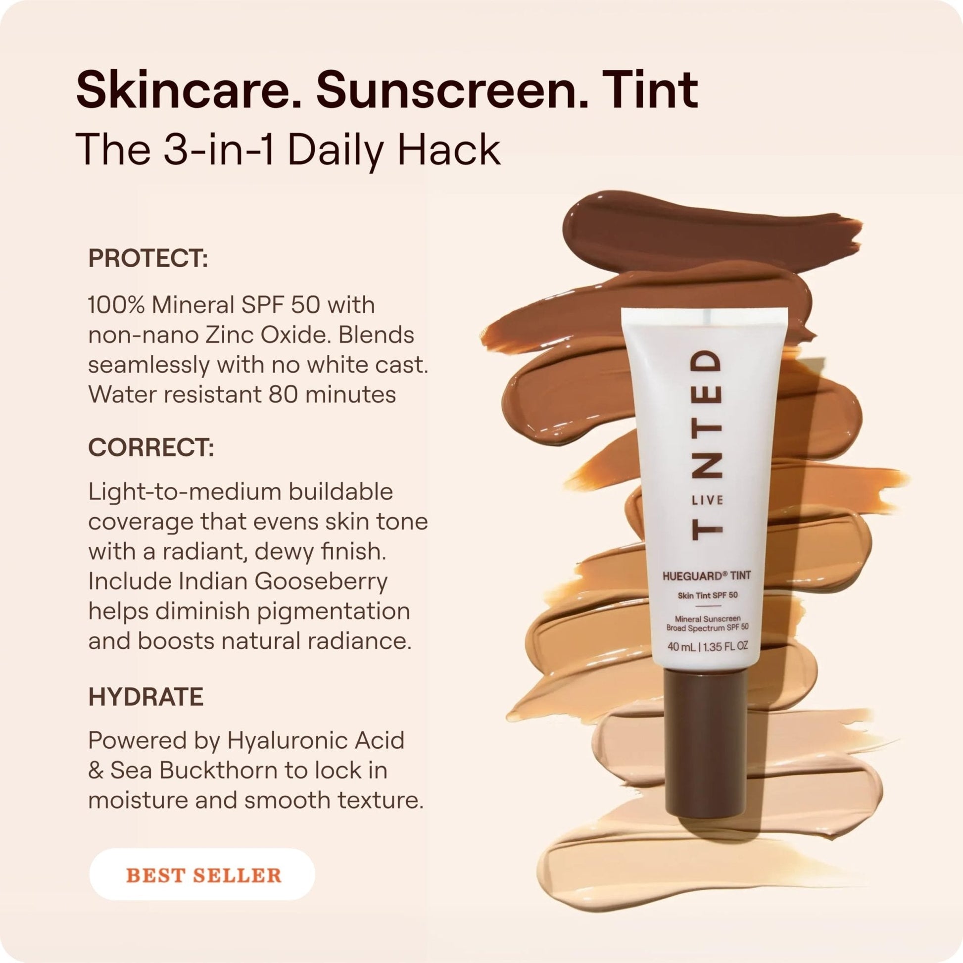 Live Tinted Hueguard Skin Tint SPF 50 - Tinted Mineral Sunscreen with Light-Medium Buildable Coverage With a Hydrating and Radiant Finish - Water and Sweat Resistant, 1.35 fl oz - Shade 10 - Maple Wellness Supplements