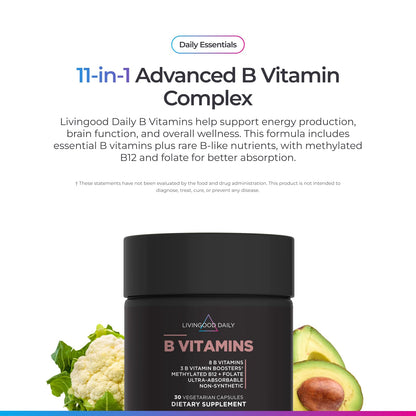 Livingood Daily Vitamin B Complex Capsules for Men and Women, Methylated B12 & Folate, 11 Active Forms Including B1 B2 B3 B5 B6 & Biotin, Gluten Free - Maple Wellness Supplements