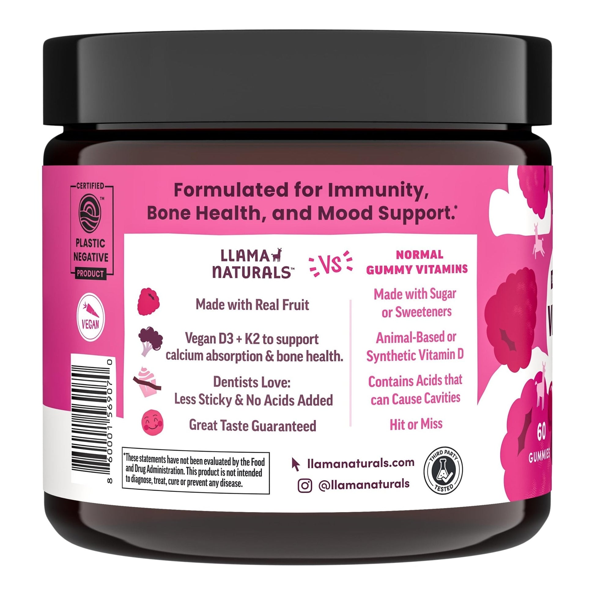 Llama Naturals Vitamin D3, Vegan, Organic Immune Support Supplement, Vitamin D Gummies for Adults and Kids, Real Fruit Gummy Vitamins, Promotes Bone Health - Maple Wellness Supplements