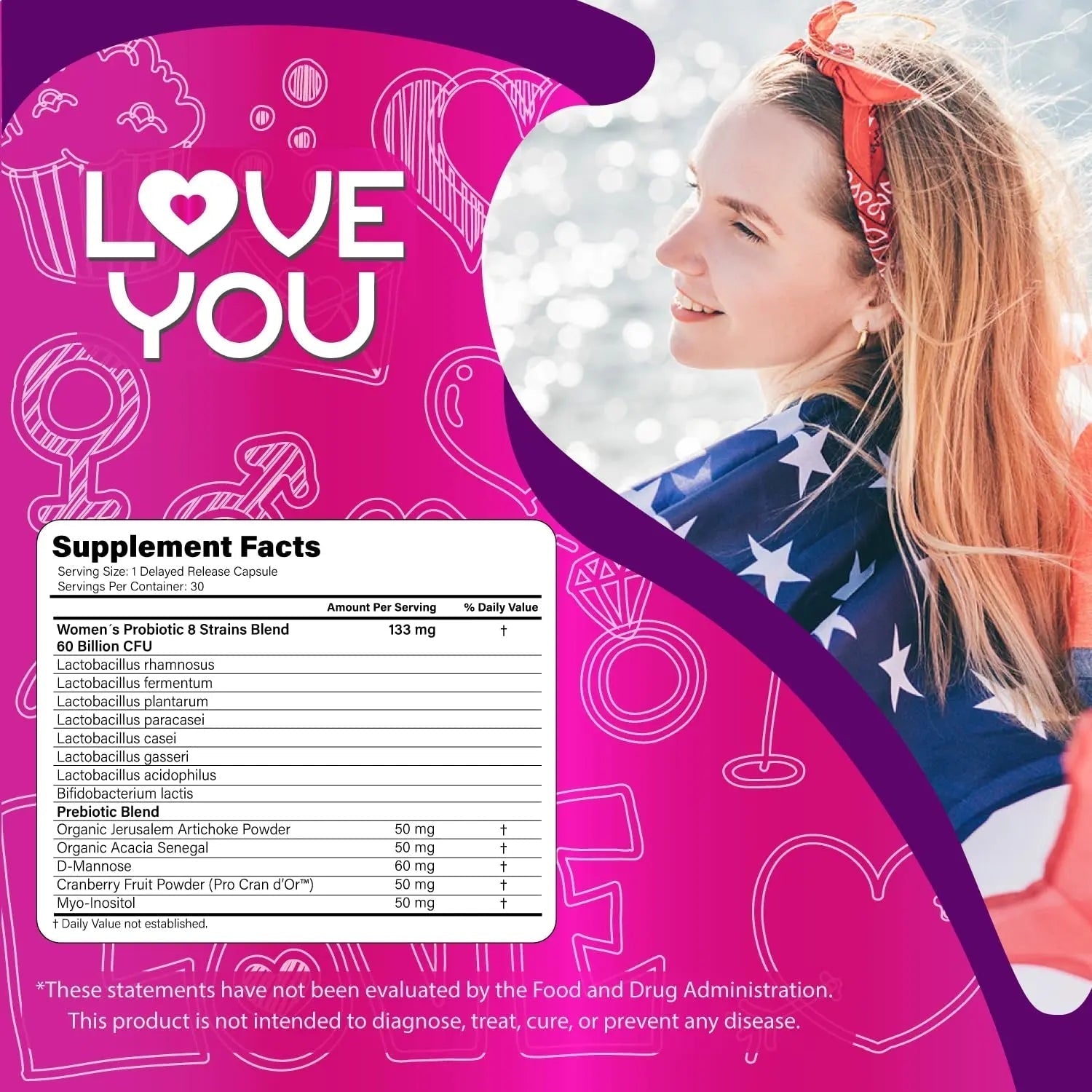 Love You Womens Probiotic, Ph Balance, Ut, Feminine, Vaginal Health Supplement, Digestive, Pre + Pro + Postbiotic, Delayed Release, 60 Billion Live CFU, 8-Strain Probiotic Blend, 30 Veg Caps Servings - Maple Wellness Supplements