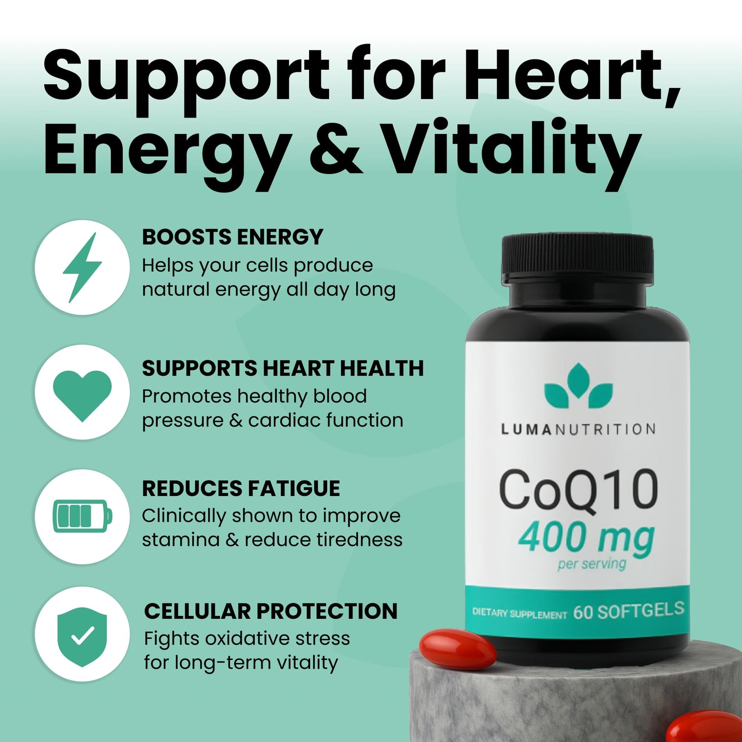 Luma Nutrition CoQ10 400mg Softgels - High-Absorption Coenzyme Q10 - Co Q-10 200mg / 400mg Per Serving - Heart Health - 60 Liquid Softgels - Maple Wellness Supplements