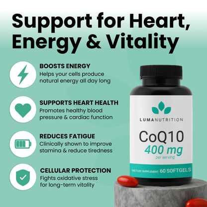 Luma Nutrition CoQ10 400mg Softgels - High-Absorption Coenzyme Q10 - Co Q-10 200mg / 400mg Per Serving - Heart Health - 60 Liquid Softgels - Maple Wellness Supplements