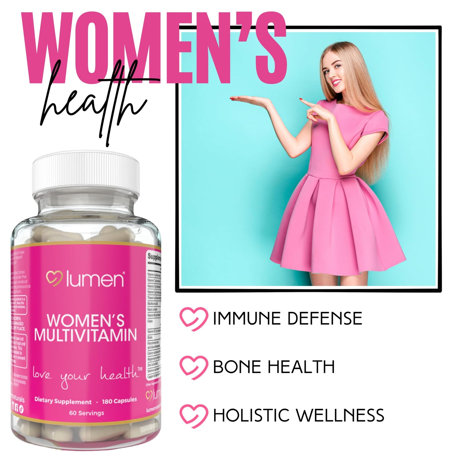 Lumen Naturals Women's Multivitamin Vitamin B12, A, C, D, & E - 180 Count - 60 Servings - Veggie Capsules - Maple Wellness Supplements