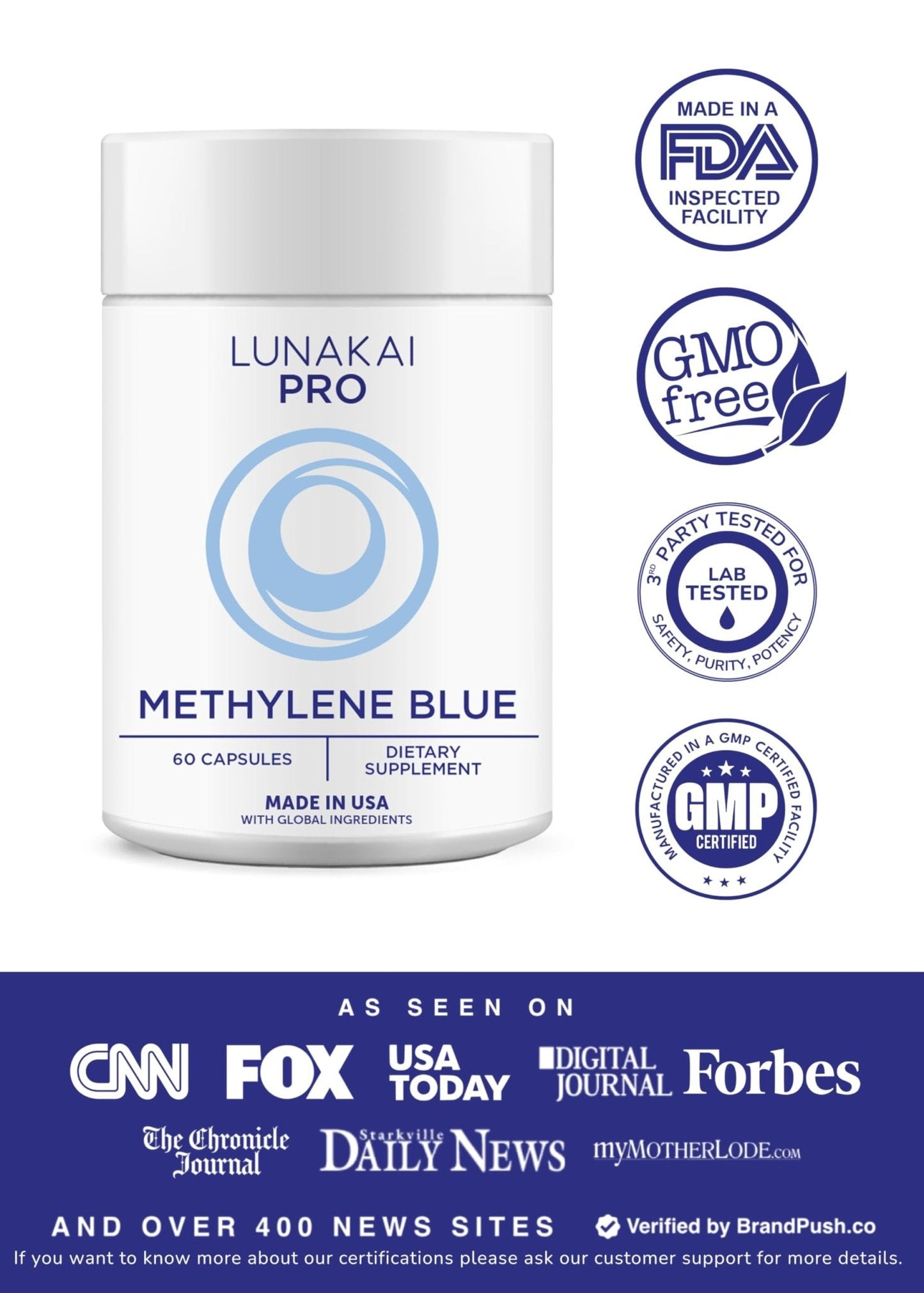 Lunakai PRO USA Made Methylene Blue Capsules Pharmaceutical Grade with Vitamin C, B6, B12 – 3rd-Party Tested Daily Brain & Focus Support Supplement for Humans, 60ct - Maple Wellness Supplements