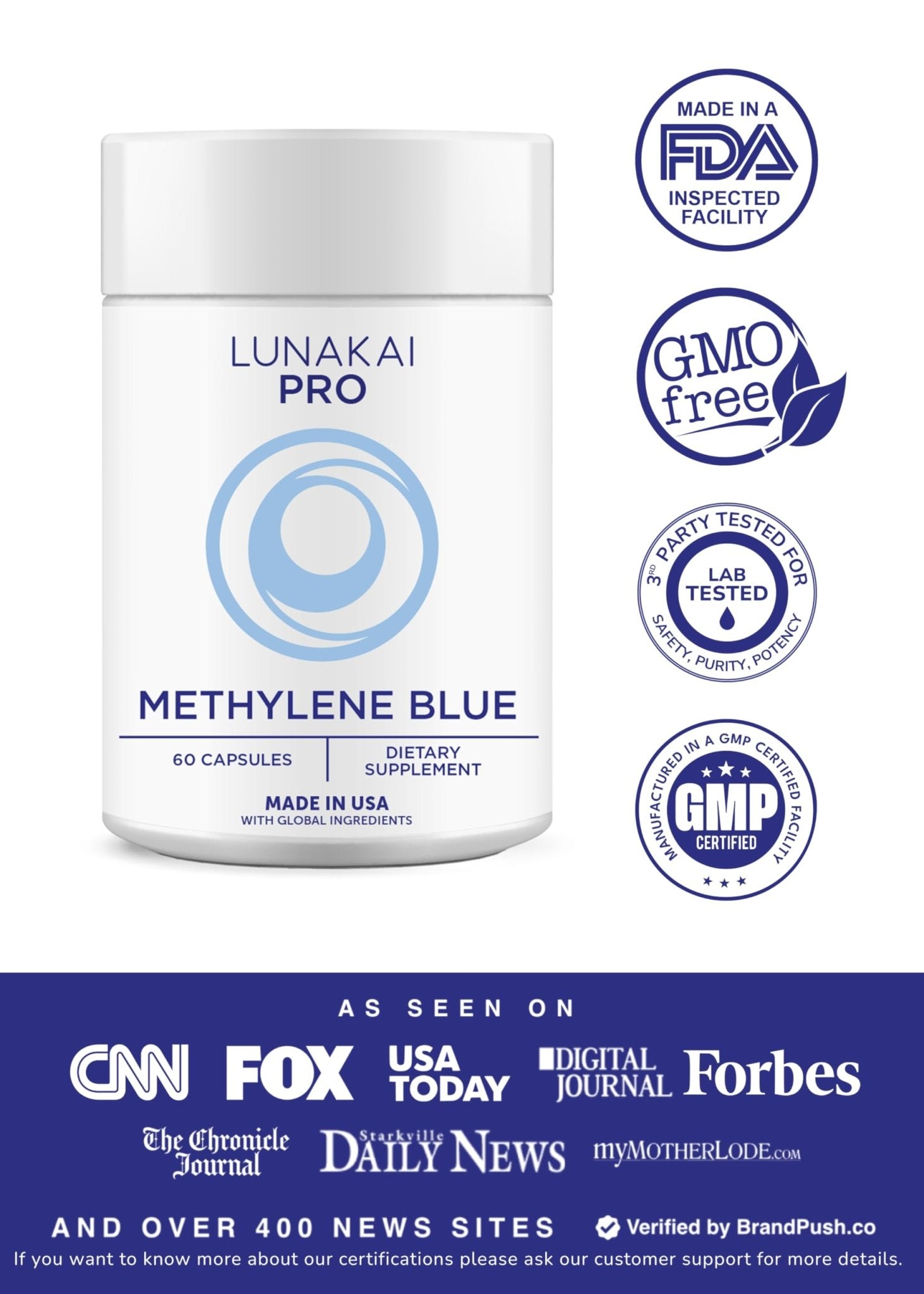 Lunakai PRO USA Made Methylene Blue Capsules Pharmaceutical Grade with Vitamin C, B6, B12 – 3rd-Party Tested Daily Brain & Focus Support Supplement for Humans, 60ct - Maple Wellness Supplements