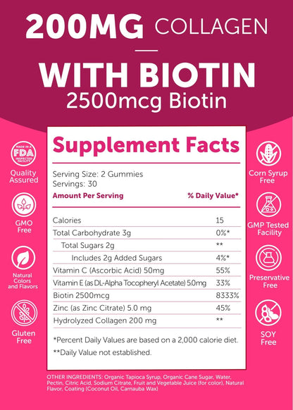 Lunakai USA Made Collagen Peptides Gummies - 200mg Non-GMO Anti-Aging Formula with Biotin, Zinc, Vitamins C - Maple Wellness Supplements
