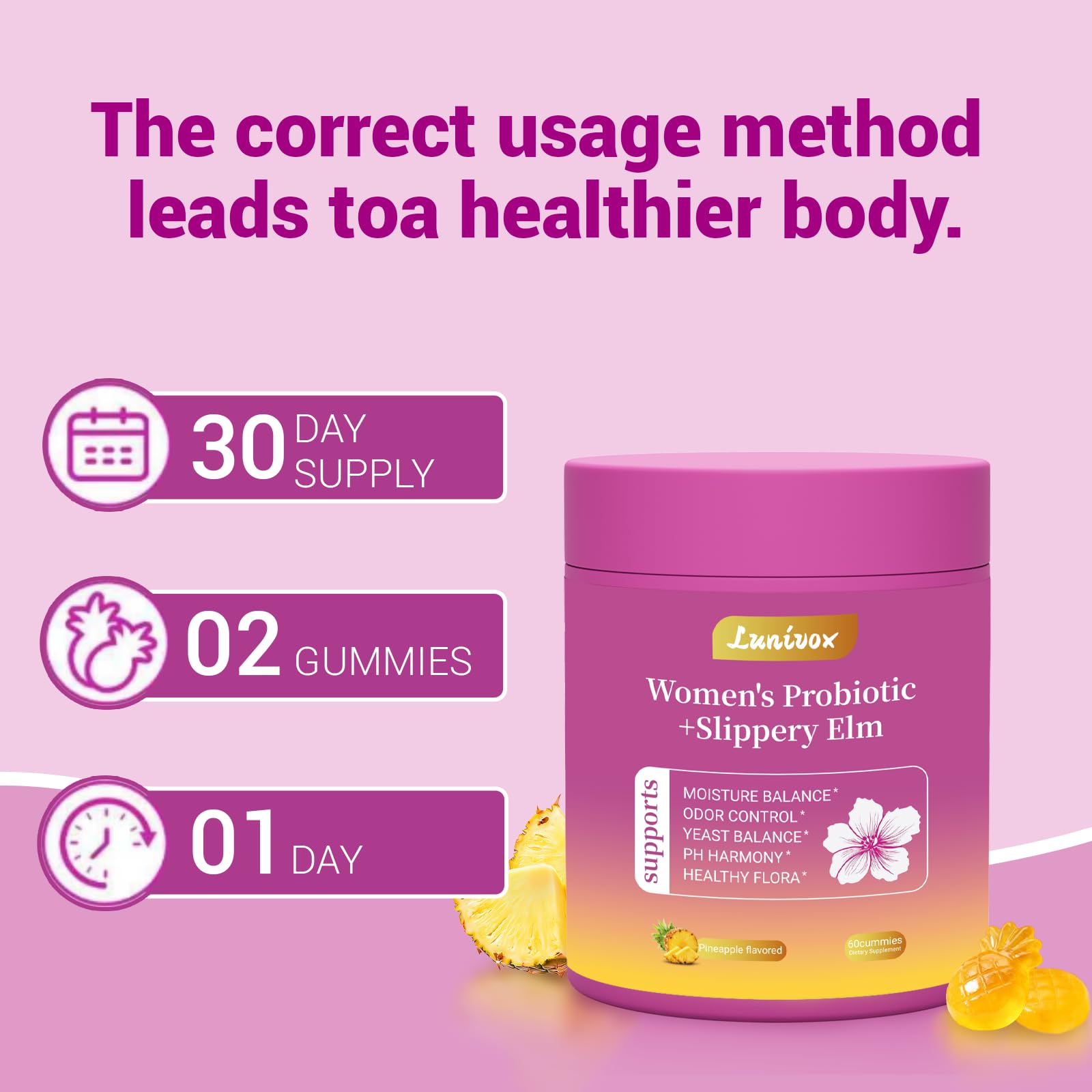 Lunivox Her Juicy Feminine Probiotics Gummies for Women, with Prebiotics & Slippery Elm - Promotes pH Balance, Gut Health & Immune Support - Pineapple Flavor, 60 Count - Maple Wellness Supplements
