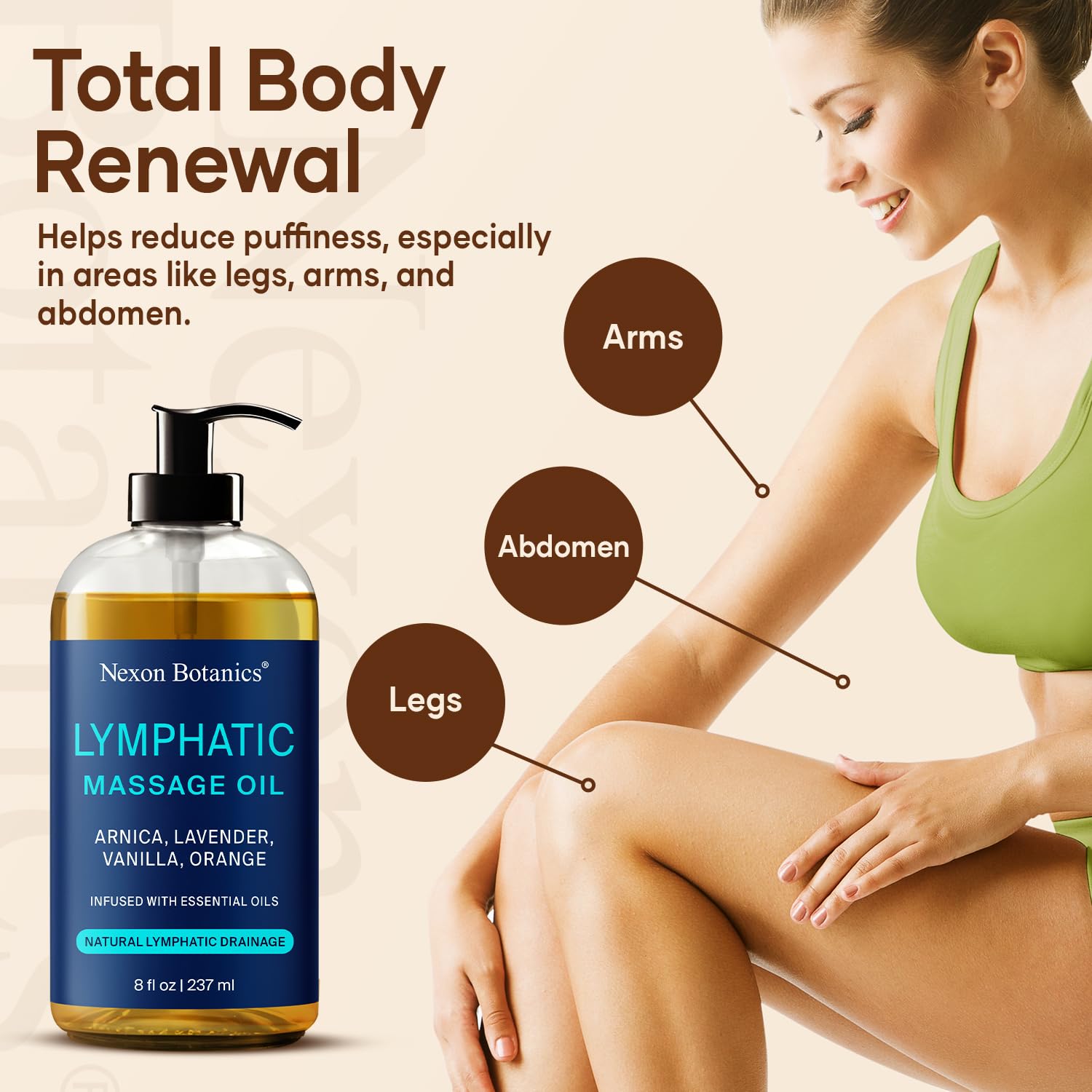 Lymphatic Drainage Massage Oil for Massage Therapy 8 fl oz - Refreshing and Relaxing - Natural Oils with Arnica, Vanilla and Lavender Oil - for Men and Women - Nexon Botanics - Maple Wellness Supplements