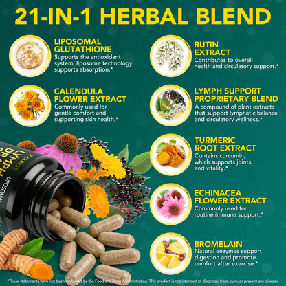 Lymphatic Drainage Supplements, Lymphatic Drainage Capsules - Wellness Complex 21 in 1 Aescia, Turmeric, Bromelain, Echinacea & More - Lymph System Support Capsules - Maple Wellness Supplements
