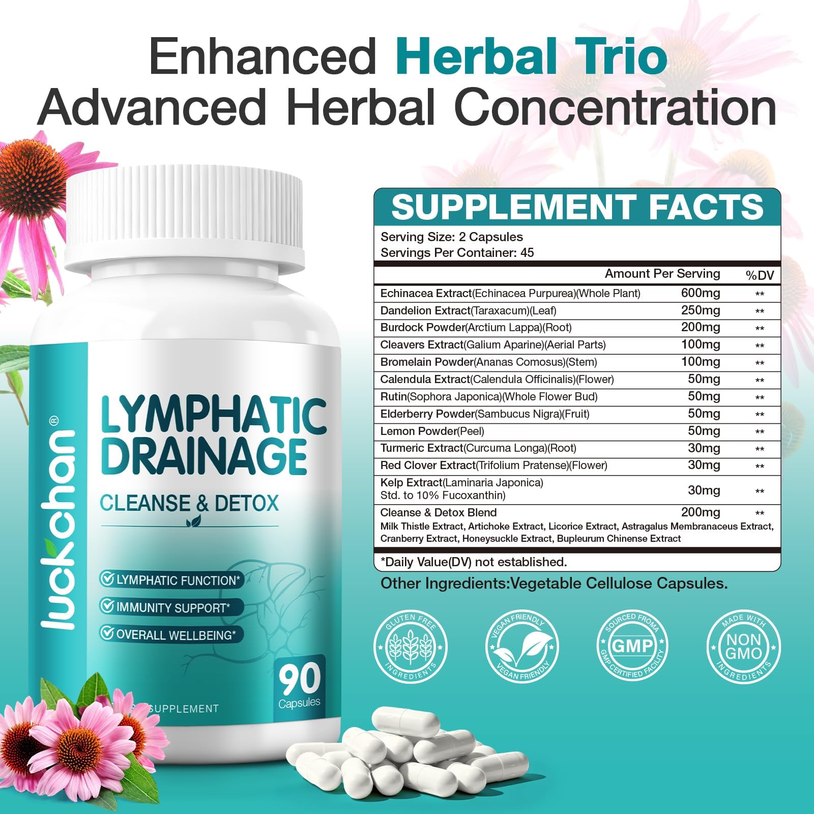 Lymphatic Drainage Supplements - Lymphatic System Support, Fluid Balance, Immune Support - Natural Lymphatic Cleanse & Detox Capsules with Dandelion, Echinacea, Burdock & More, 90 Capsules - Maple Wellness Supplements