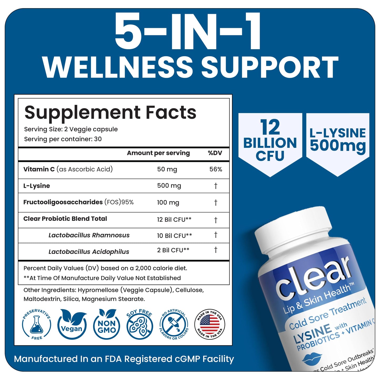 Lysine Cold Sore Treatment for Lips with Pre-Probiotics & VIT C | 1 Month Supply | Supercharged Lysine Capsules with Rhamnosus & Acidophilus for Cold Sores Relief - Maple Wellness Supplements
