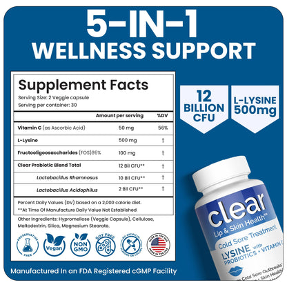 Lysine Cold Sore Treatment for Lips with Pre-Probiotics & VIT C | 1 Month Supply | Supercharged Lysine Capsules with Rhamnosus & Acidophilus for Cold Sores Relief - Maple Wellness Supplements