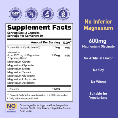 Magnesium 7 Complex for Women 1600mg, Magnesium Glycinate 600mg 7 High Absorption Magnesium Supplement with Citrate, Malate, Chelate, Taurate, Gluconate, Aspartate & Ascorbate for Sleep, 60 Capsules - Maple Wellness Supplements
