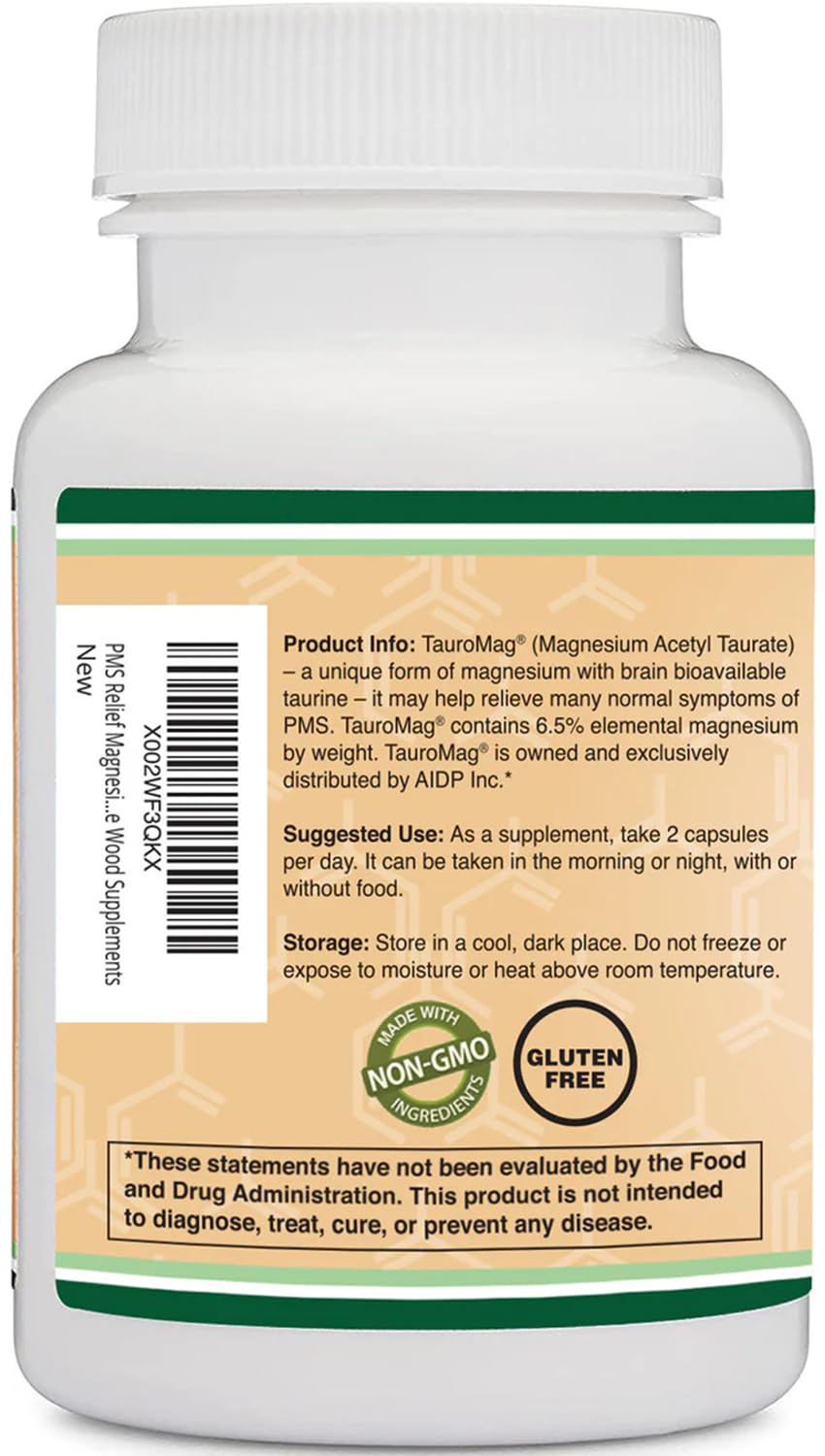 Magnesium Acetyl-Taurate (ATA MG, TauroMag) Novel and Patented Form of Magnesium for PMS and Cramp Relief (60 Capsules, 350mg) PMS Relief Magnesium Supplement by Double Wood Supplements - Maple Wellness Supplements