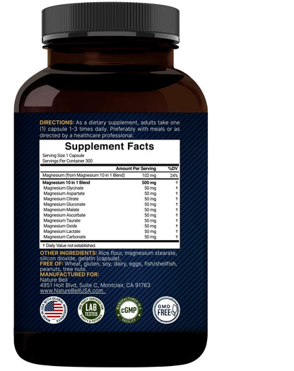 Magnesium Complex 500mg, 300 Capsules | 10-in-1 Magnesium Glycinate, Citrate, Malate & More | Chelated Form for Easy Absorption | Non-GMO - Maple Wellness Supplements