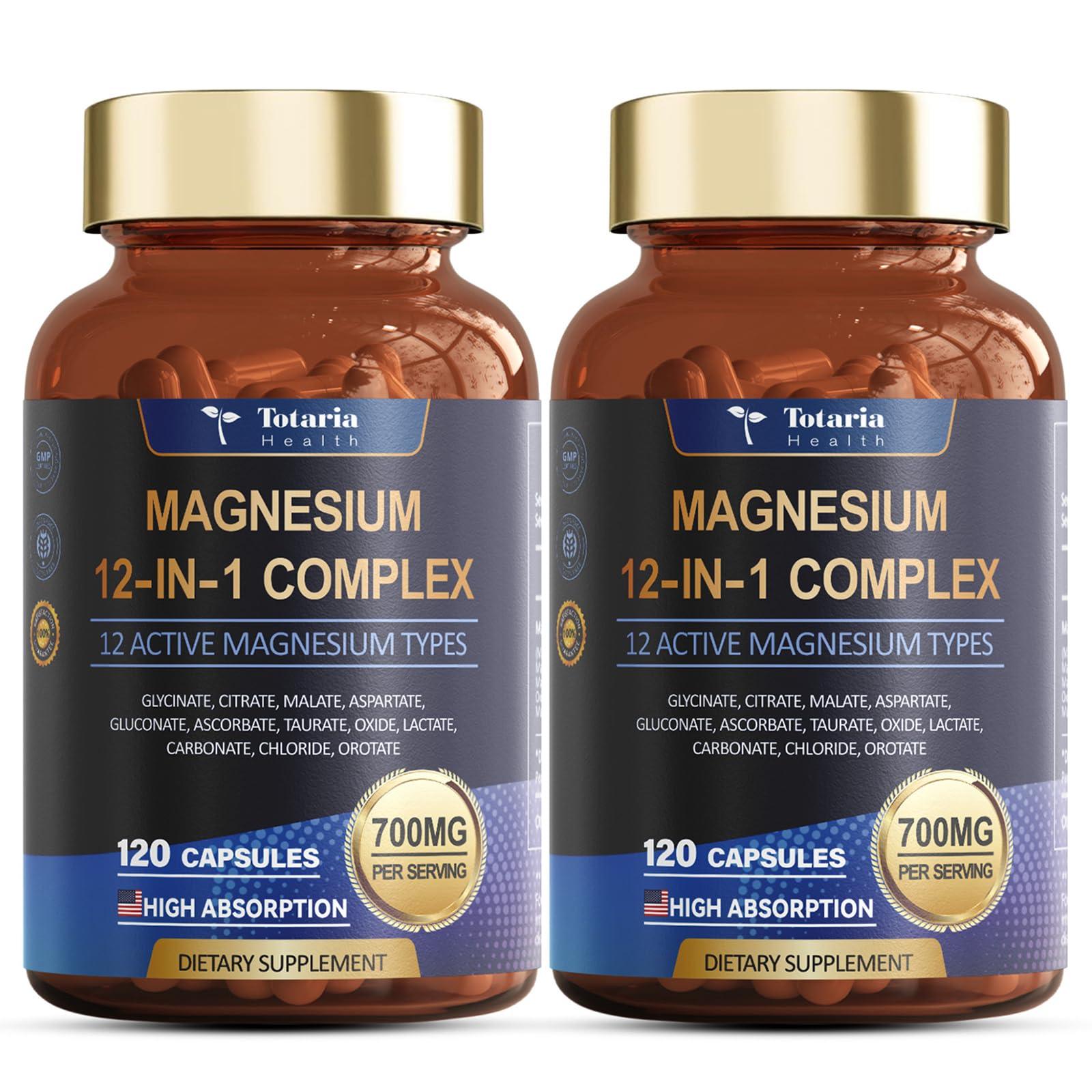 Magnesium Complex 700mg 12 in 1 Magnesium Supplement with Glycinate Citrate Malate Oxide Taurate Aspartate Orotate Magnesium Relaxation,Muscle,Heart Support, Vegan 120 Capsules 2PK - Maple Wellness Supplements