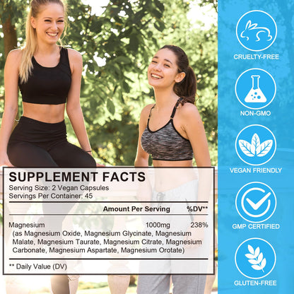 Magnesium Complex 8-in-1 High Potency with 8 Essential Forms, Vegan Capsules for Muscle, Nerve & Bowel Support, Relief Fatigue & Improve Sleep (90 Capsules) - Maple Wellness Supplements