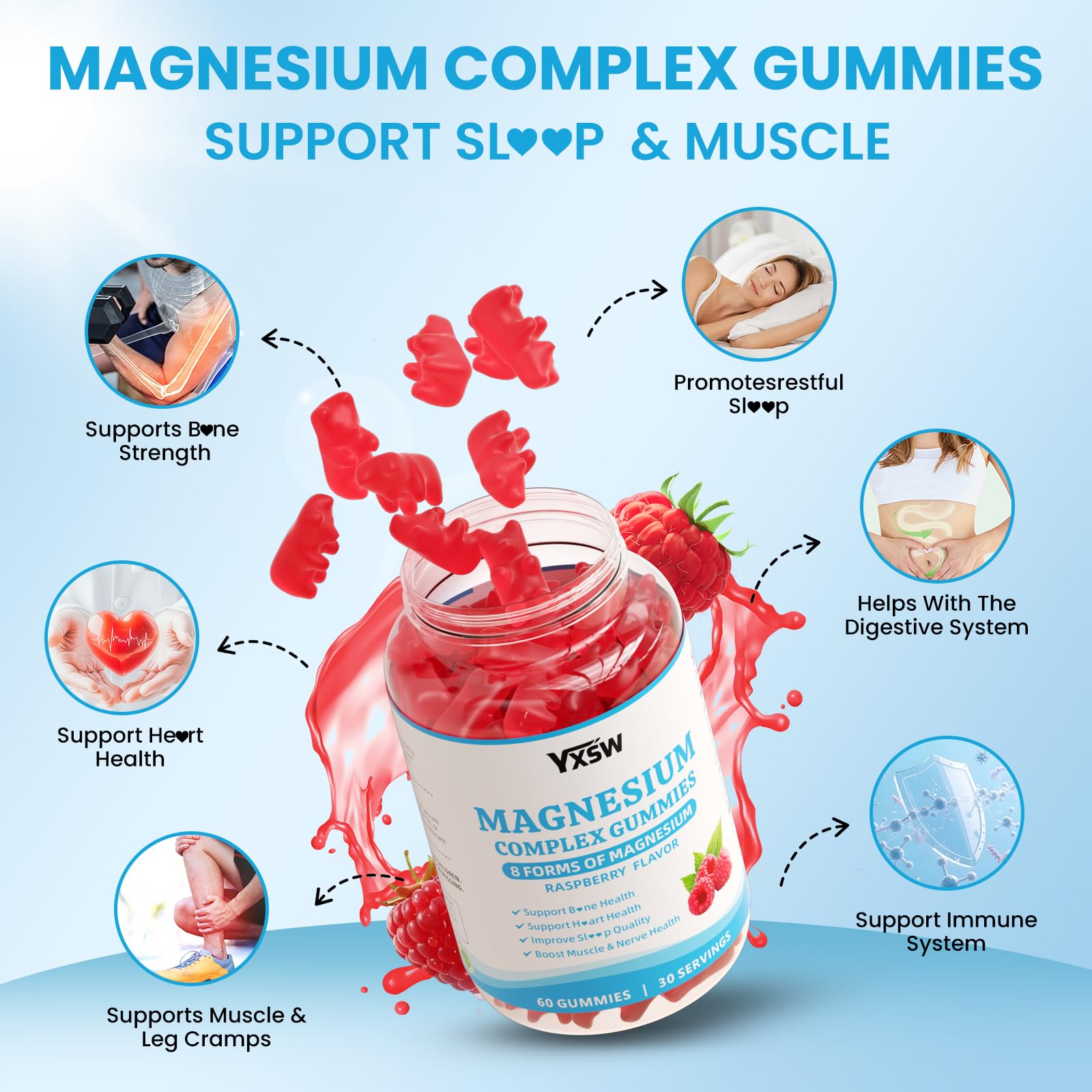 Magnesium Complex Gummies 8 Elemental 1000mg - Magnesium Glycinate, Citrate, Malate, Taurate, Supports Bones, Muscle, Nerve Health, for Women & Men, Vegan Non-GMO, Raspberry Flavor, 60 Count - Maple Wellness Supplements