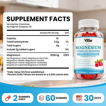 Magnesium Complex Gummies 8 Elemental 1000mg - Magnesium Glycinate, Citrate, Malate, Taurate, Supports Bones, Muscle, Nerve Health, for Women & Men, Vegan Non-GMO, Raspberry Flavor, 60 Count - Maple Wellness Supplements