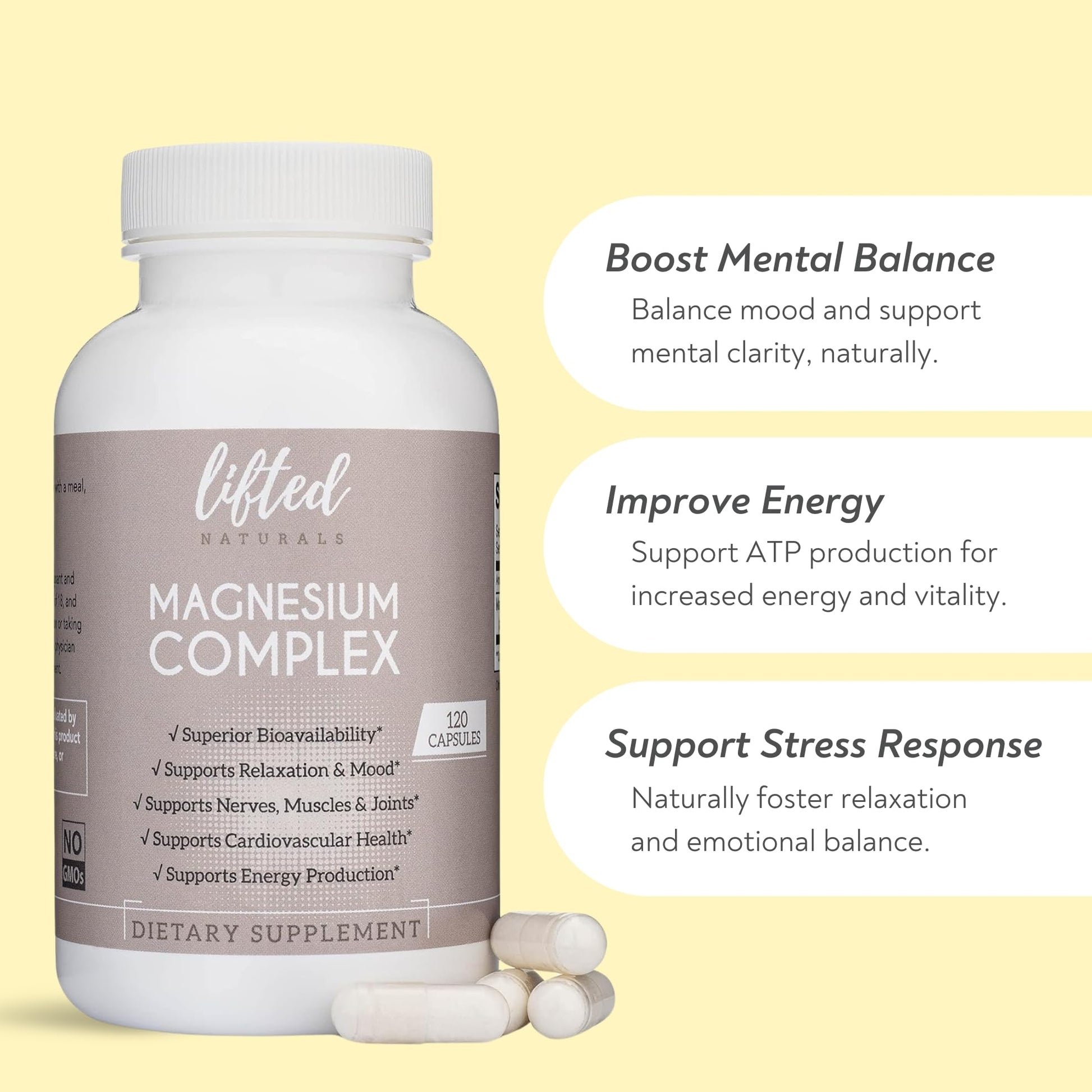 Magnesium Complex - Lifted Naturals Magnesium Supplement w/Bisglycinate, Malate, Taurate - 120 Capsules - Bioavailable Magnesium Formula for Mood, Sleep, Energy Support* - Maple Wellness Supplements