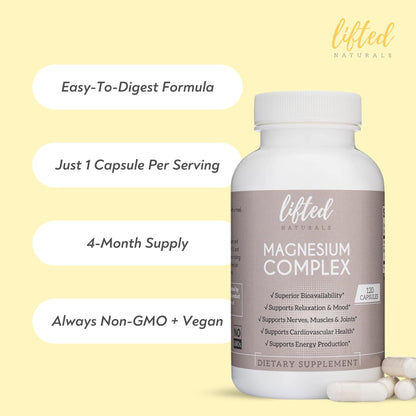 Magnesium Complex - Lifted Naturals Magnesium Supplement w/Bisglycinate, Malate, Taurate - 120 Capsules - Bioavailable Magnesium Formula for Mood, Sleep, Energy Support* - Maple Wellness Supplements