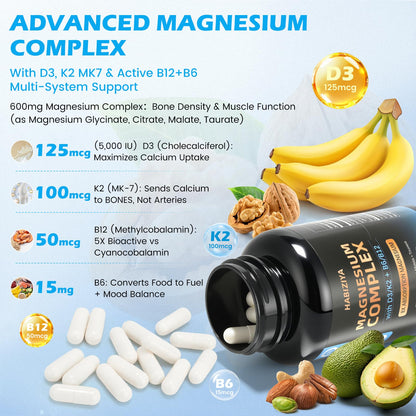 Magnesium Complex Supplement 600mg with with D3 K2 MK7 & B Vitamins High Absorption Capsules with Glycinate, Citrate & Malate,Taurate Relaxation,Muscle,Heart Support, Vegan 120 Capsules - Maple Wellness Supplements