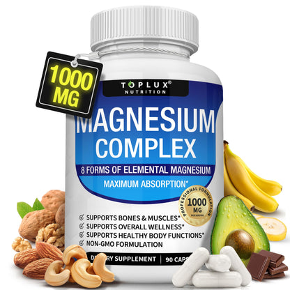 Magnesium Complex Supplement 8 Elemental 1000mg - Magnesium Glycinate, Citrate, Malate, Taurate, Chelated for Easy Absorption for Bones, Muscle, Recovery, Energy, Vegan Non-GMO 90 Capsules - Maple Wellness Supplements