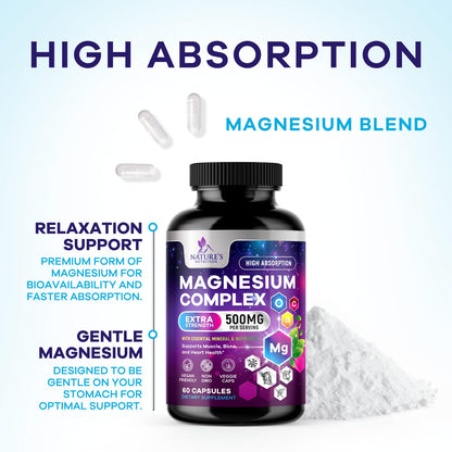 Magnesium Complex Supplement - Magnesium 500 mg Per Serving - 4 in 1 High Absorption Blend - 100% Chelated Magnesium Glycinate with Malate, Citrate & Oxide - Vegan Complex - USA Bottled - 60 Capsules - Maple Wellness Supplements