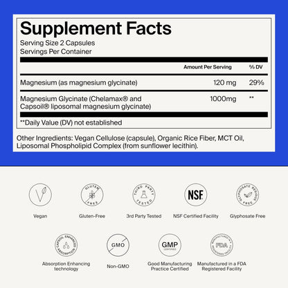 Magnesium Glycinate 1000mg - Liposomal Magnesium Bisglycinate for Max Absorption - Extra Strength to Support Body and Mind, Non-Laxative, Vegan, Gluten-Free - 120 Capsules - Maple Wellness Supplements
