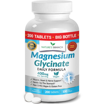 Magnesium Glycinate 400mg | 200 Tablets | High Absorption Mag Supplements for Sleep, Leg Cramps, Heart, Muscle, Calm | Non Buffered Bisglycinate, Extra Strength for Women and Men, Tablets Not Capsules - Maple Wellness Supplements