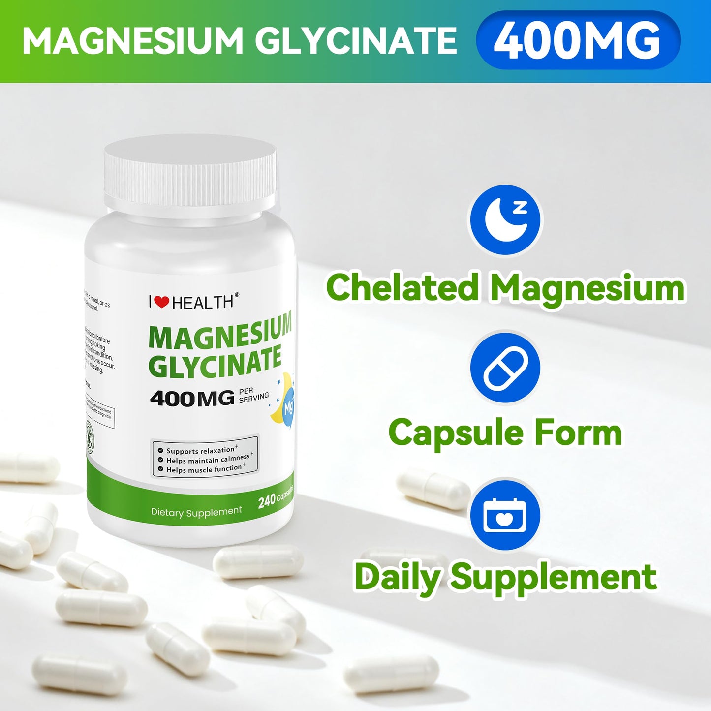 Magnesium Glycinate 400mg per Capsule – 240 Capsules – High Absorption Magnesium Supplement for Relaxation, Calmness & Muscle Support – Gentle on Stomach - Maple Wellness Supplements