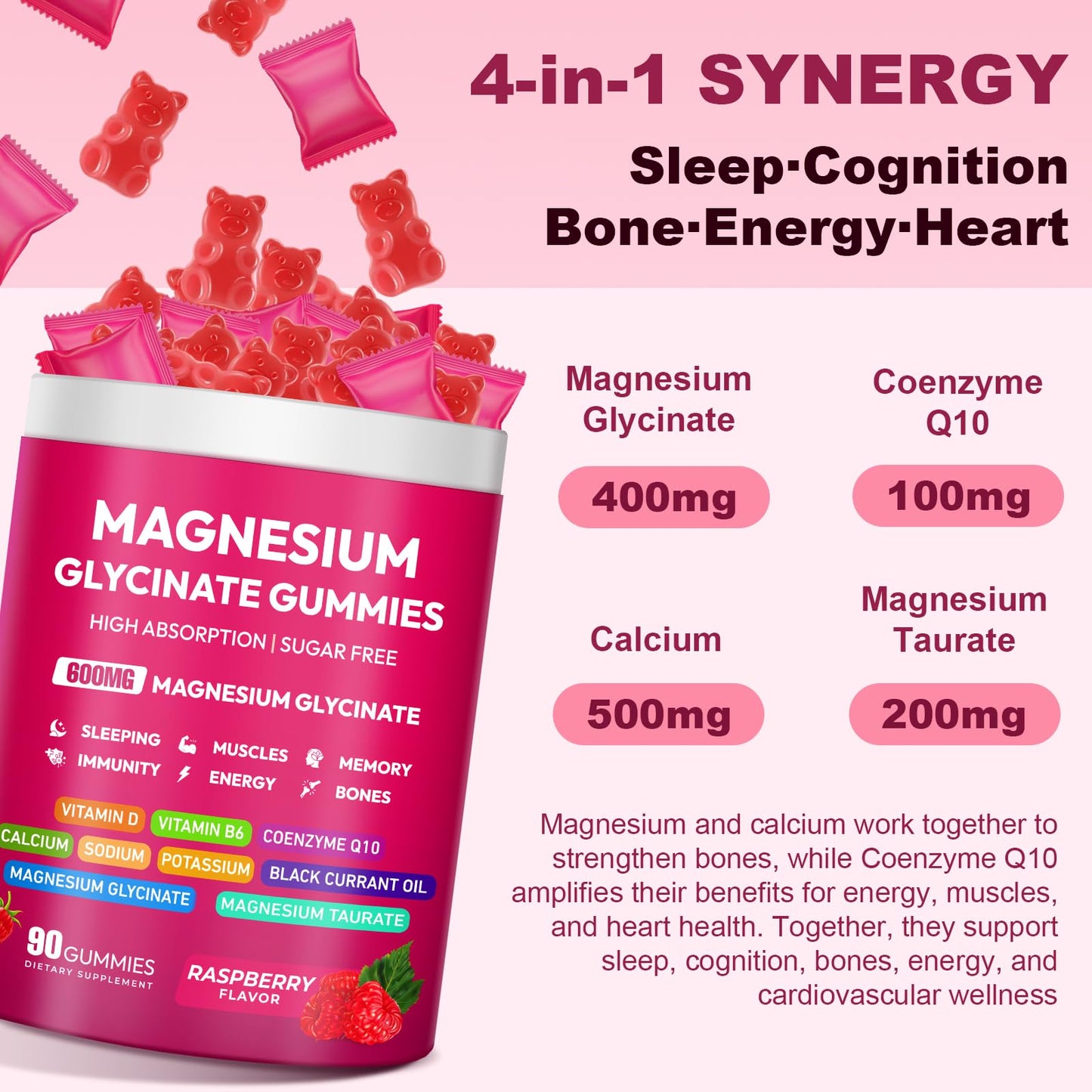 Magnesium Glycinate Gummies 600mg, High Absorption Magnesium Complex, Sugar Free Chewables Gummies with VitaminD & B6 - Maple Wellness Supplements