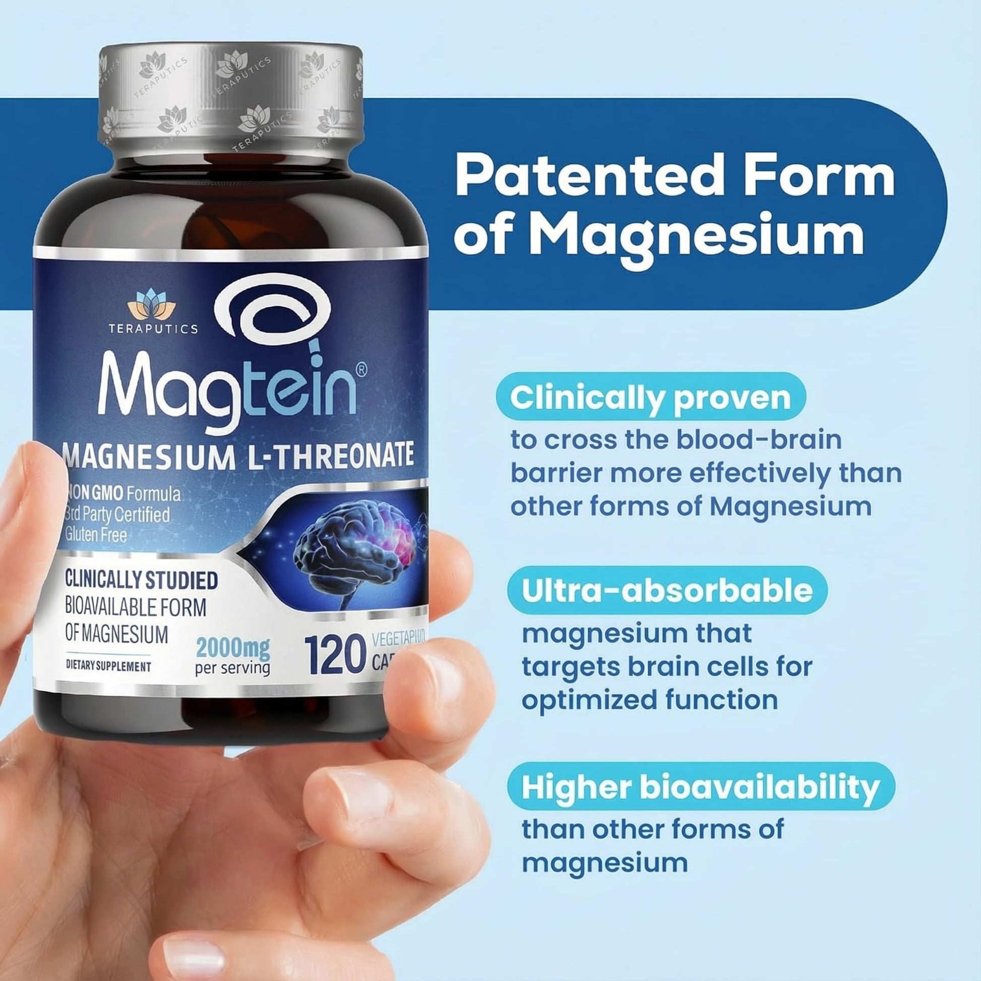 Magnesium L Threonate, Magtein, Brain Supplement for Memory, Focus, Sleep and Cognitive Support, High Absorption Magnesium L-Threonate, Non-GMO - Maple Wellness Supplements