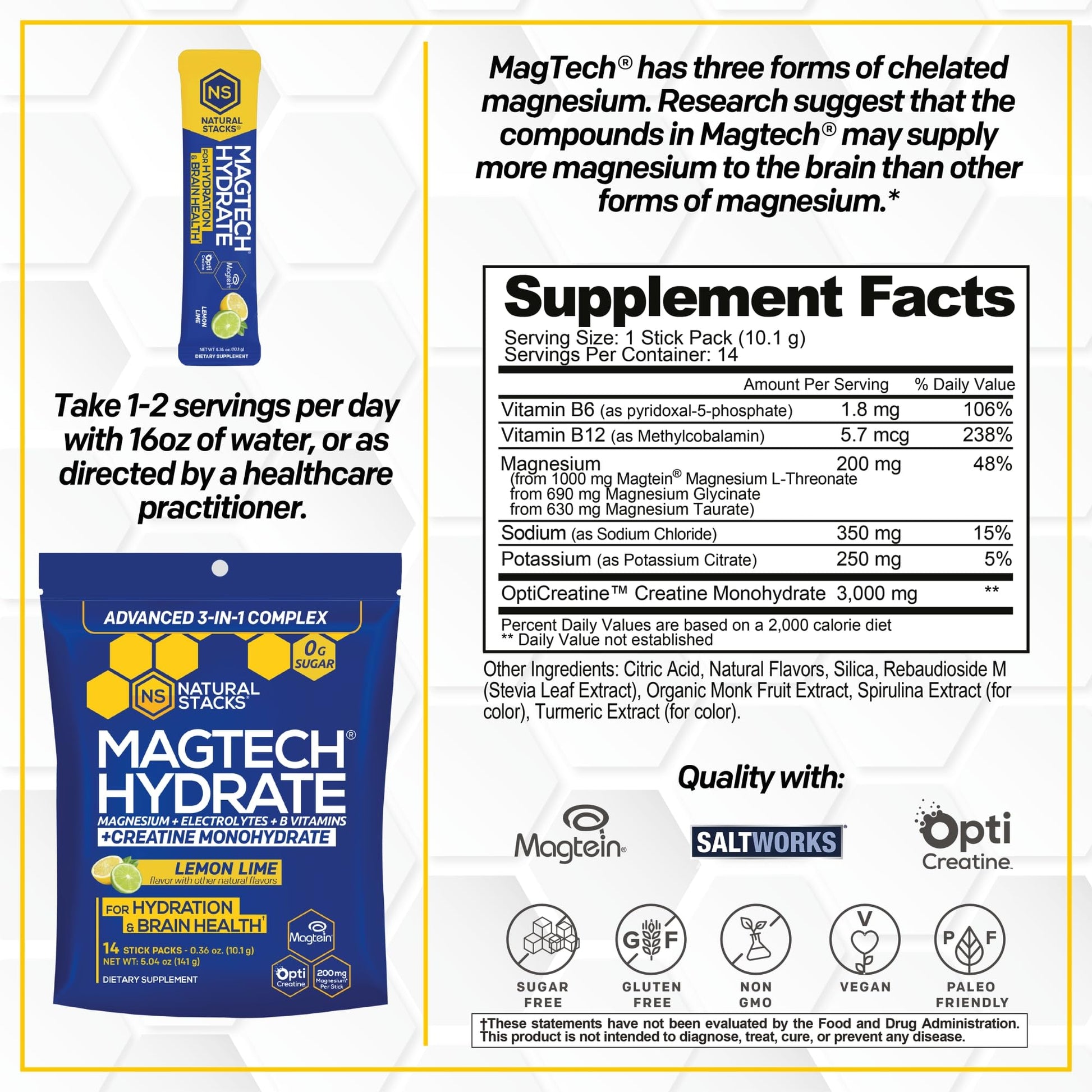Magtech Magnesium Capsules + Hydration Creatine Powder Lemon Lime Bundle - 3 Forms of Magnesium - Featuring Magtein L-Threonate - Brain Health & Hydration Support* - 44 Total Servings - Maple Wellness Supplements