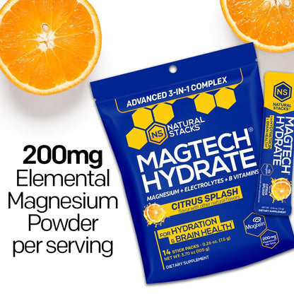 MagTech Magnesium Hydrate Packets - Sugar Free Hydration Powder - Magtein Magnesium L-Threonate, Glycinate & Taurate - 200mg Chelated Triple Complex - Supports Hydration & Brain Health* - 14 Servings - Maple Wellness Supplements