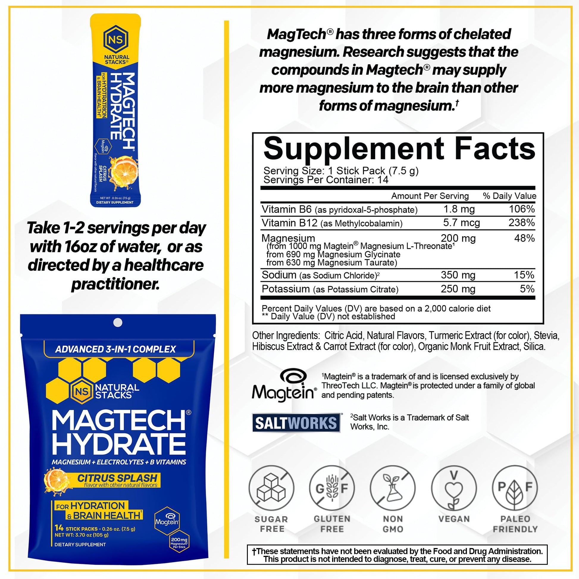 MagTech Magnesium Hydrate Packets - Sugar Free Hydration Powder - Magtein Magnesium L-Threonate, Glycinate & Taurate - 200mg Chelated Triple Complex - Supports Hydration & Brain Health* - 14 Servings - Maple Wellness Supplements