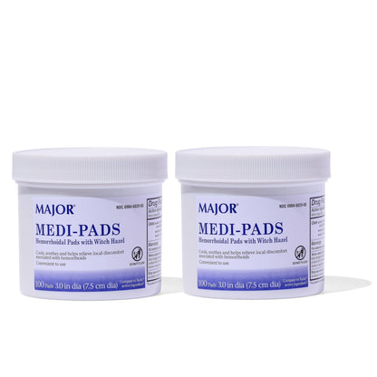 MAJOR Medi-Pads - Hemorrhoidal Hygienic Cleansing Witch Hazel Pads - Cooling Relief with Aloe - 100 Count Jar (2 Pack) - Maple Wellness Supplements